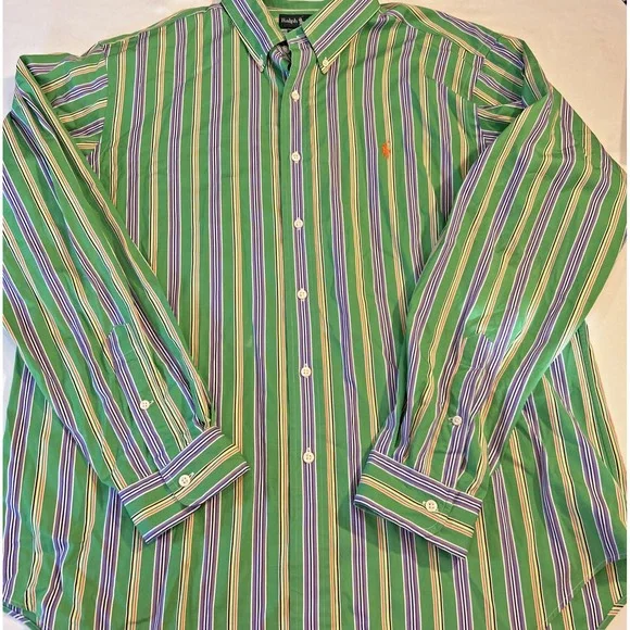 Ralph Lauren Classic-Fit  Long Sleeve Woven Shirt Striped Green‎ Orange Size-XL - Picture 4 of 7